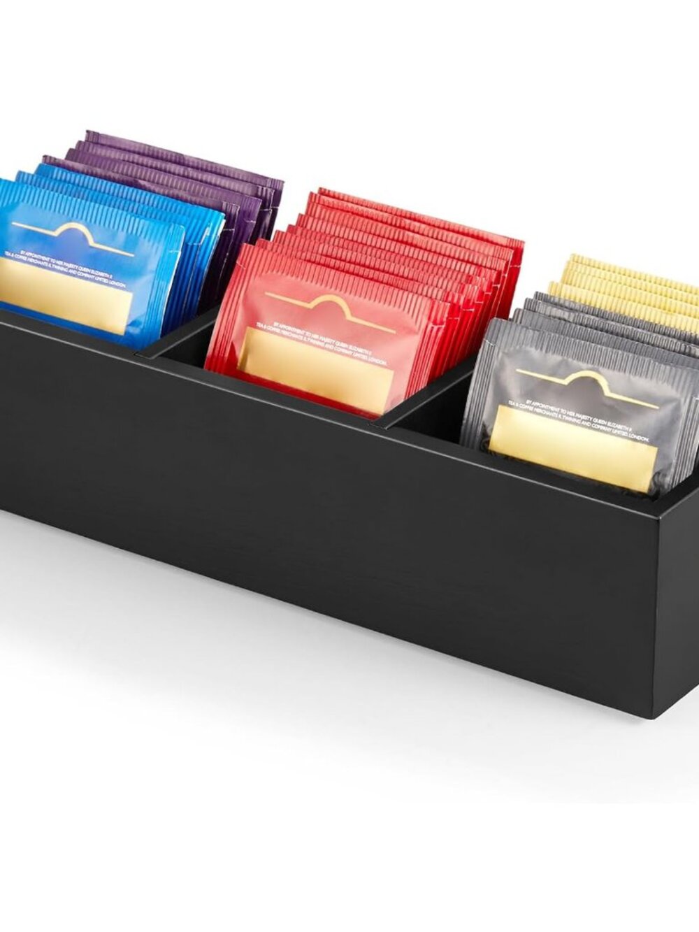Tea Bag Organizer, Black Wooden Tea Bag Holder, Tea Storage Containers with 3 Sl